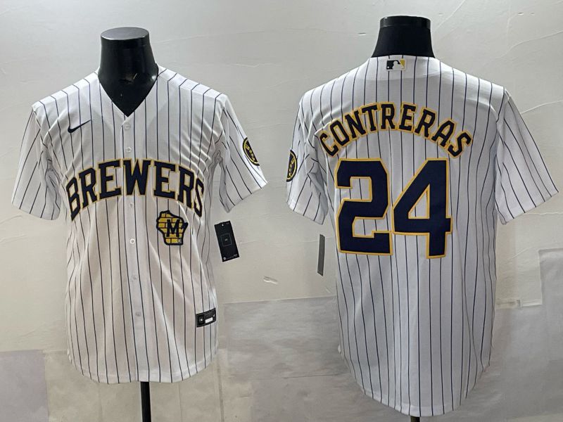 Men Milwaukee Brewers #24 Contreras White Stripe Nike MLB 2025 Jersey 05